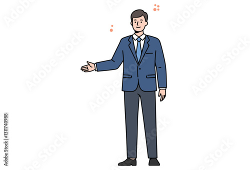 Host Man Suit vectors, A charming male host in a suit is depicted in an outline-style illustration, engaging in presenting, talking, pointing, and discussing while reporting on television.