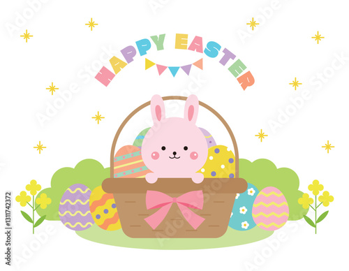 Illustration of a basket with eggs and a rabbit with a Christian Easter concept. Eggs with various patterns painted on them are exchanged to celebrate the resurrection and bless the other person.