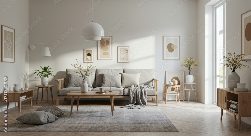 Fototapeta premium Modern minimalist living room with neutral tones and natural light