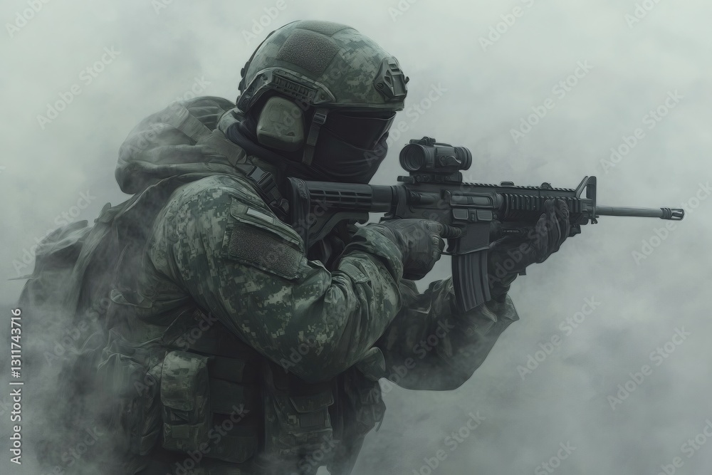 Fototapeta premium Combat Focus: A soldier in full tactical gear, face obscured by a mask, aims their rifle through a veil of smoke. The gritty realism of the image evokes the intensity and danger of combat. 