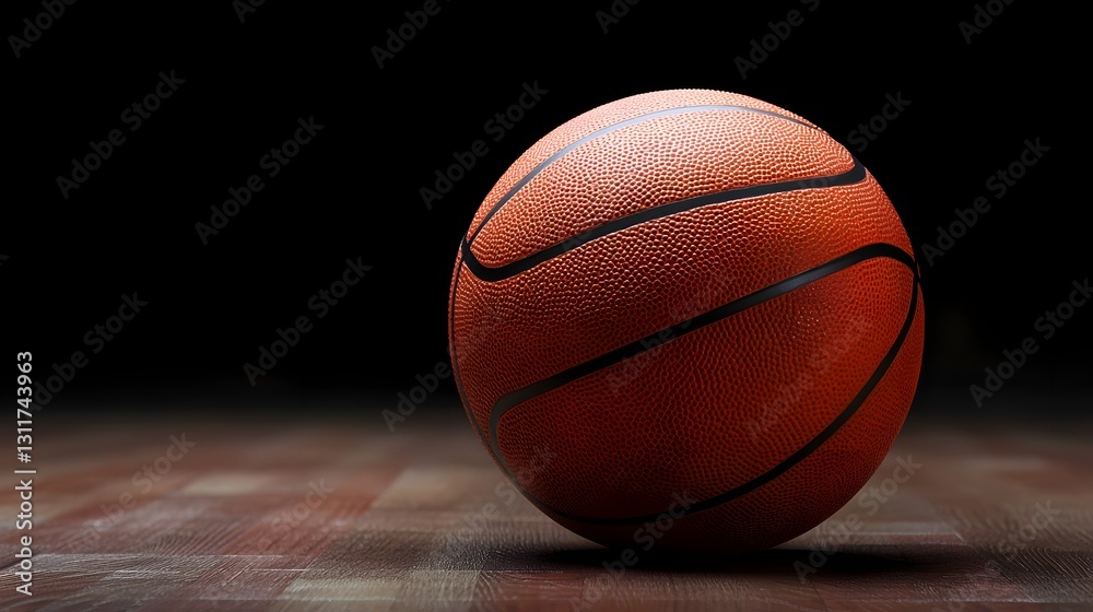 Obraz premium An official orange ball on a hardwood basketball court.