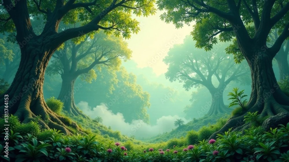 Fototapeta premium Serene Vista of Lush Green Forest with Ancient Trees and Vibrant Flora