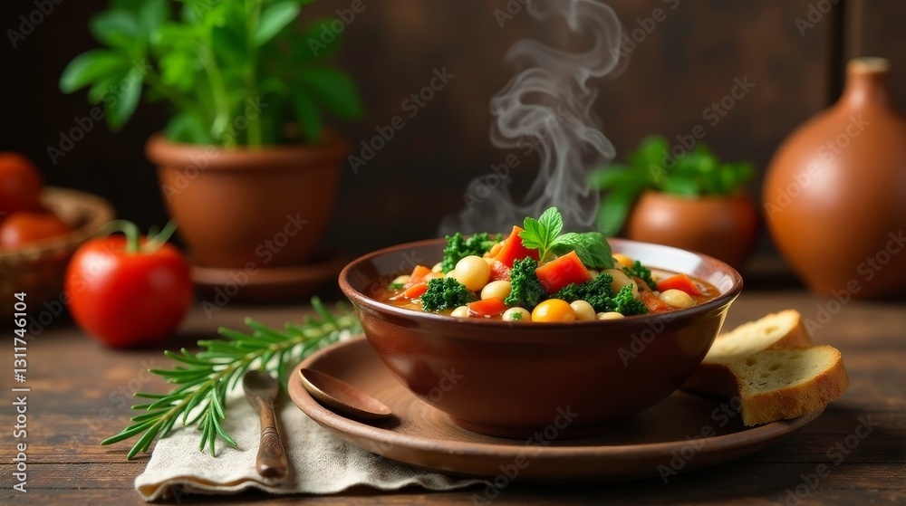 Aromatic Steaming Vegetable and Legume Soup in Rustic Bowl with Fresh Herbs and Bread Aromatic Steaming Vegetable and Legume Soup in Rustic Bowl with Fresh Herbs and Bread