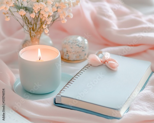 Mental Health Advocacy Cozy scene with candle and journal on blanket.