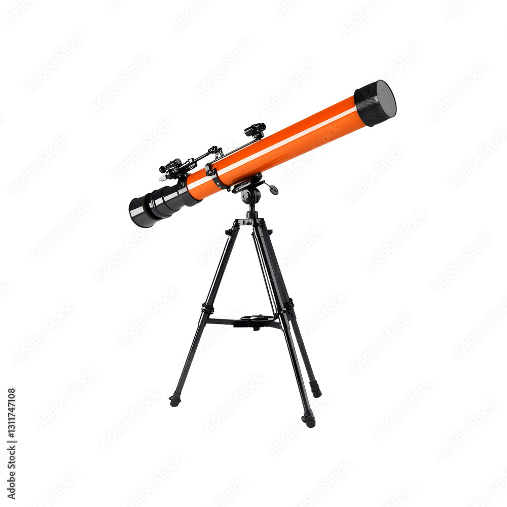 Orange Refractor Telescope on Tripod Against White Background Orange Refractor Telescope on Tripod Against White Background