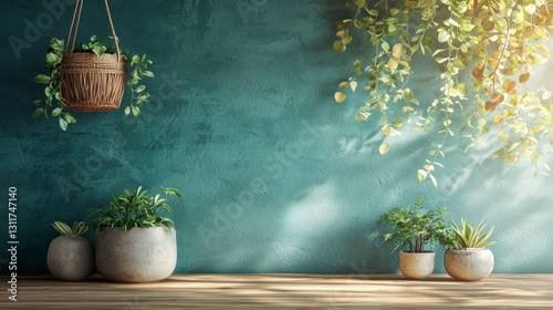 Serene Teal Interior with Hanging Plants and Potted Greenery