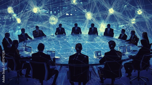 A group of business professionals seated around a large circular table, surrounded by futuristic digital networks. Ideal for themes of technology, innovation, and corporate decision-making.. AI