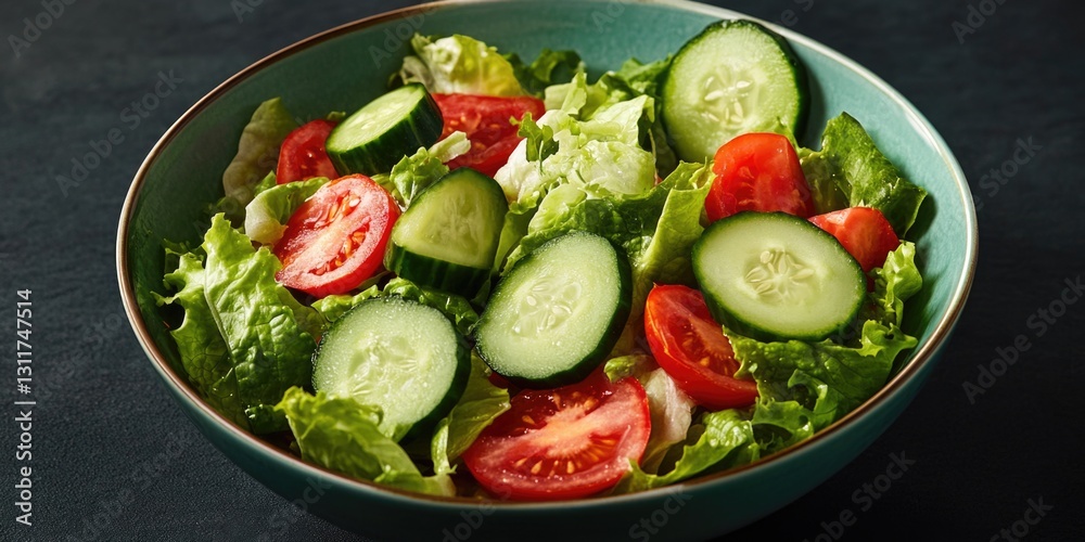 A fresh garden salad with cucumber, tomato, and lettuce in a green bowl on a dark background. A fresh garden salad with cucumber, tomato, and lettuce in a green bowl on a dark background.