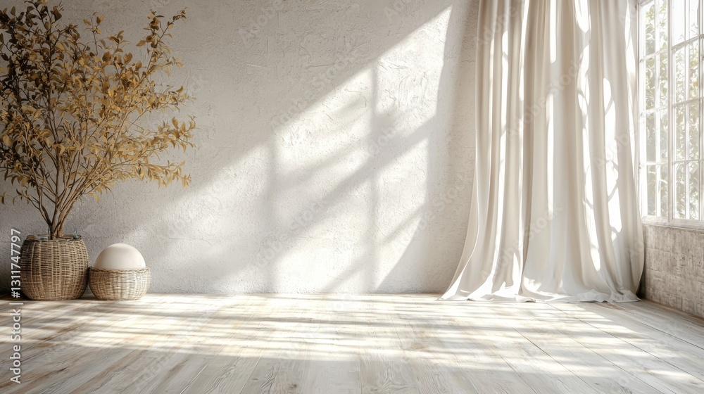 Sunlit Minimalist Room Interior Design with Dried Plant Sunlit Minimalist Room Interior Design with Dried Plant