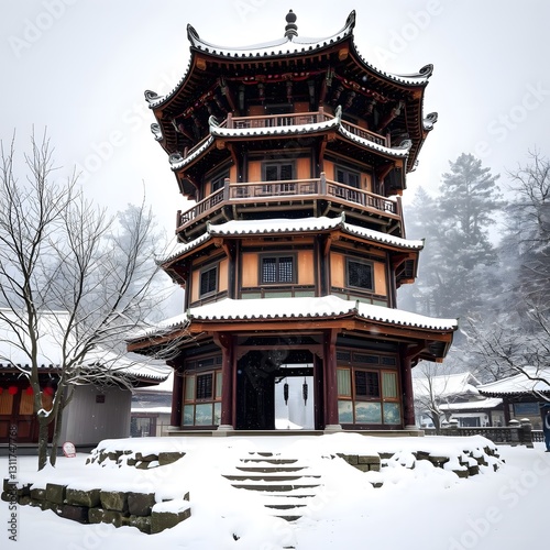  Dong Ethnic Drum Tower Covered in Snow in Zhaoxing, Guizhou During Winter photo