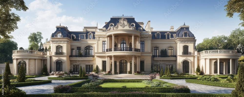 Elegant grand mansion surrounded by lush gardens, showcasing luxurious architecture and timeless beauty. Elegant grand mansion surrounded by lush gardens, showcasing luxurious architecture and timeless beauty.