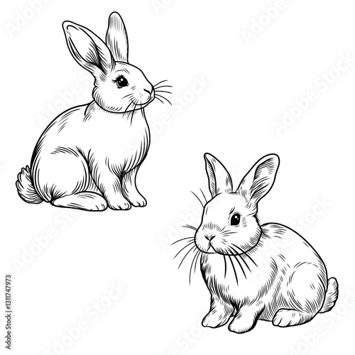 Hand drawn vintage illustration of rabbits. Detailed black and white sketch with fine lines. For farm themed designs, Easter decorations, nature art work, packaging, animal illustrations.