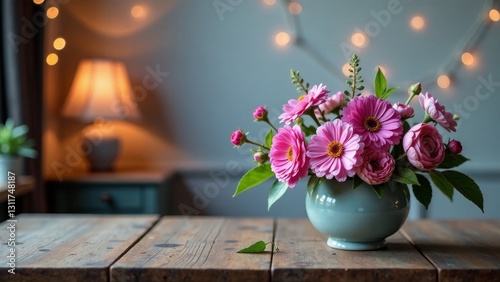 A delightful arrangement of pink blossoms in a pale teal vase, resting on a rustic wooden table, illuminated by soft, warm ambient lighting.