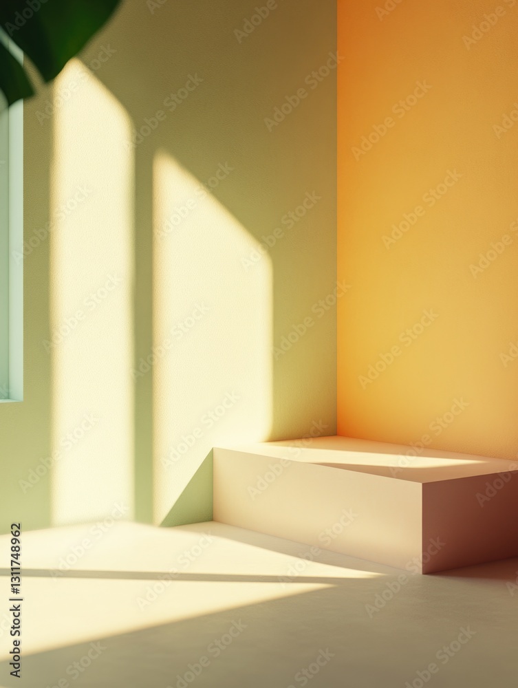 A sunlit room with cream walls, a pink concrete bench, and modern design elements. A sunlit room with cream walls, a pink concrete bench, and modern design elements.