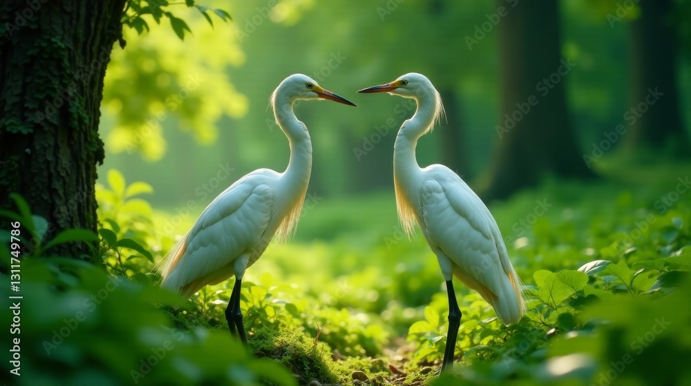 Fototapeta premium Serene avian pair interacting amidst lush green foliage, bathed in soft sunlight