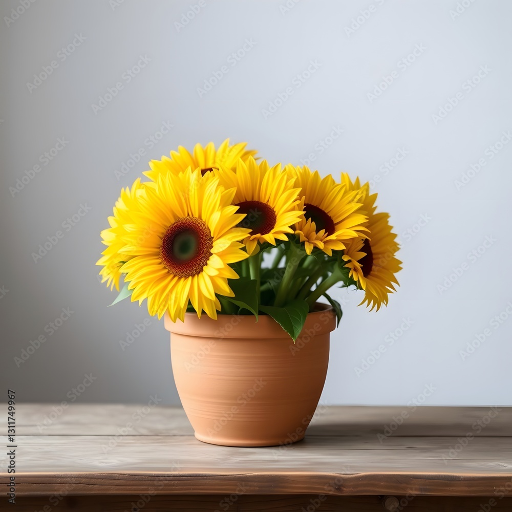 Vibrant Yellow Sunflowers Poking Out of a Rustic Clay Pot on a Table Vibrant Yellow Sunflowers Poking Out of a Rustic Clay Pot on a Table
