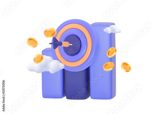 Vector 3D illustration of a dartboard target on a growth chart, surrounded by golden coins and clouds. Symbolizes target marketing, financial success, and strategic planning. 