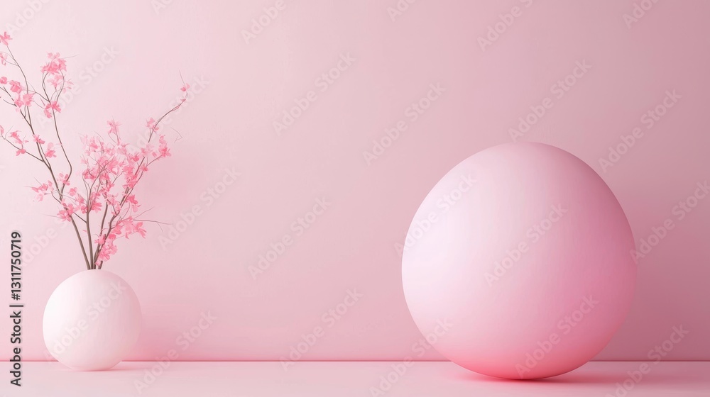 Fototapeta premium Pink Serenity: Minimalist Still Life with Blossom and Sphere
