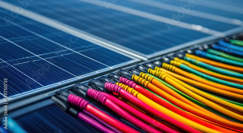 Brightly colored wires connect to solar panels, highlighting an innovative approach to renewable energy systems and sustainable technology