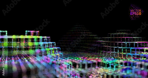 3D abstraction with cubes symbolizing quantum computing, blockchain and server technologies. Futuristic design reflecting big data processing and artificial intelligence.