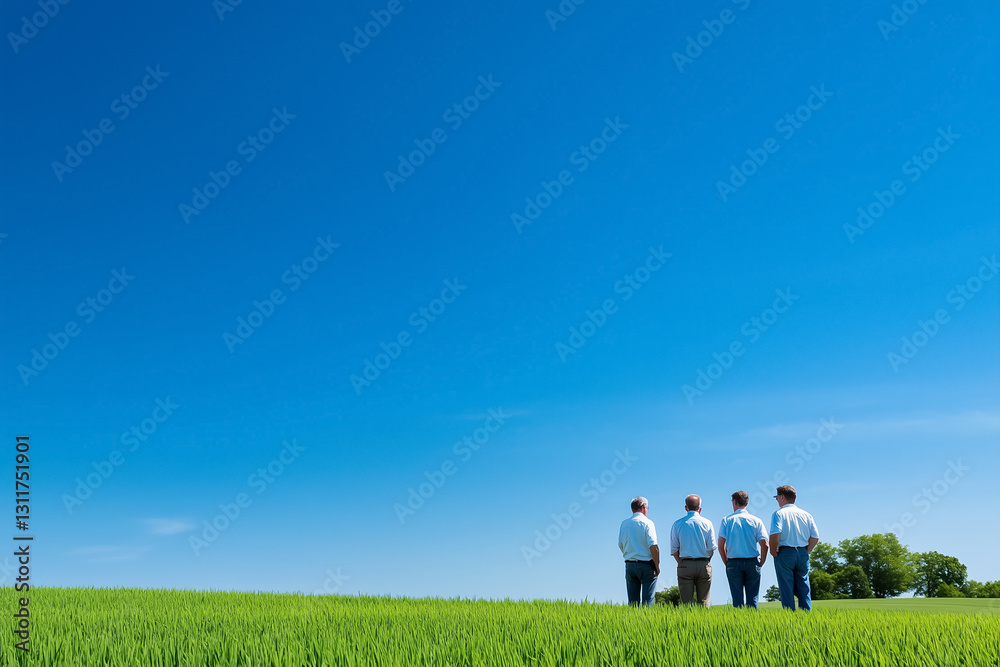 A group of farmers stand together in a lush field, discussing their crops with enthusiasm. The bright blue sky and distant tree line create a peaceful backdrop for their collaboration and hard work A group of farmers stand together in a lush field, discussing their crops with enthusiasm. The bright blue sky and distant tree line create a peaceful backdrop for their collaboration and hard work