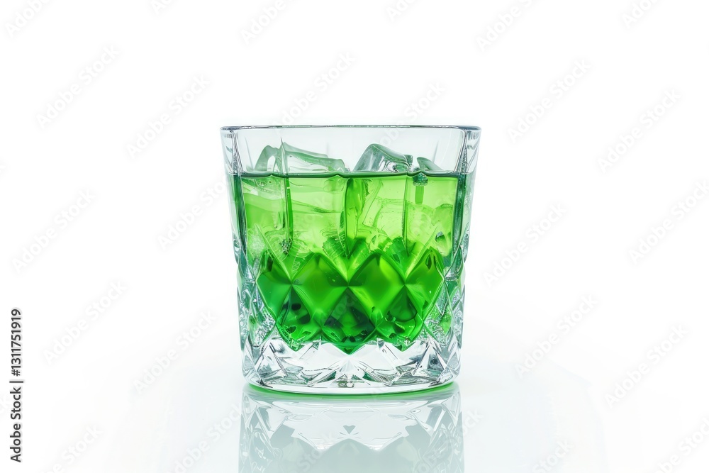 glass of green wine with ice cubes on white background glass of green wine with ice cubes on white background