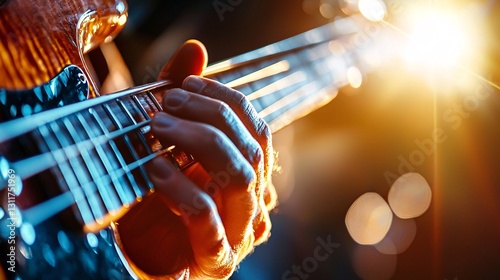 Jazz Appreciation Month Concept. Close-Up of Hand Playing Electric Guitar String
