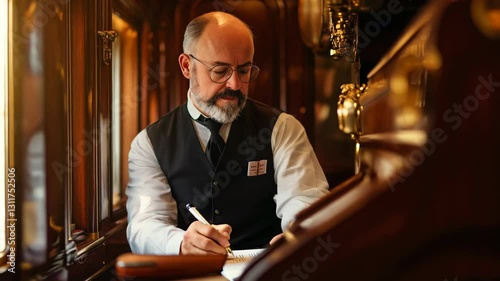 Distinguished older man with mustache writing in a vintage wooden interior