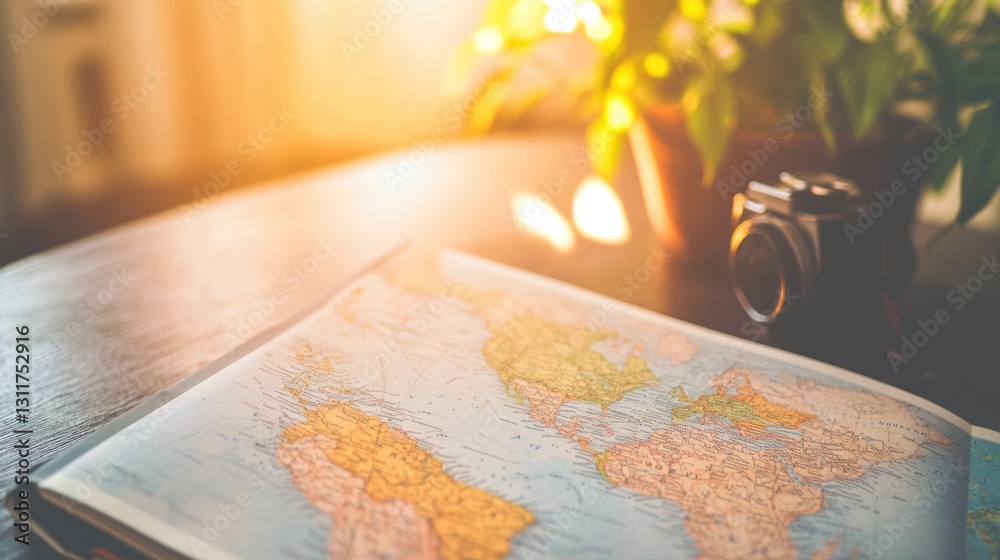Map on a Wooden Table with a Camera and Plants in a Sunlit Room