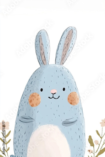 Funny bunny with flowers on a white background in baby art style. Perfect for nursery decor and cards