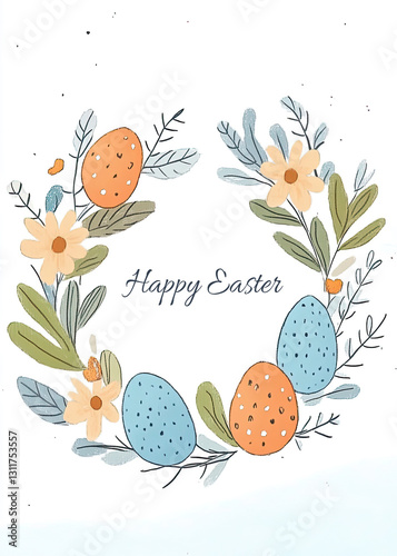 Easter card with Happy Easter text and Easter wreath in hand drawn style