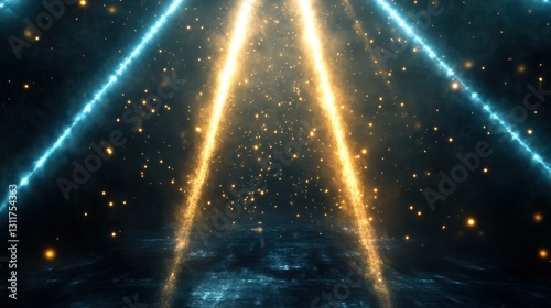 Dynamic beams of blue and gold light create vibrant energy rays in a dark void, evoking the essence of cosmic movements and radiant expressions