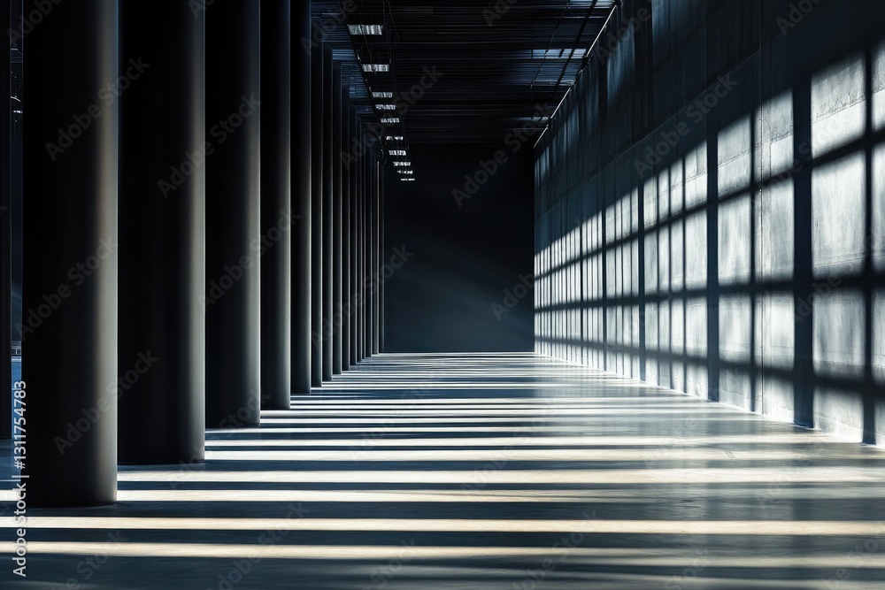 Fototapeta premium Sunlit Shadows in a Modern Industrial Hallway with Dark Columns and Concrete Walls