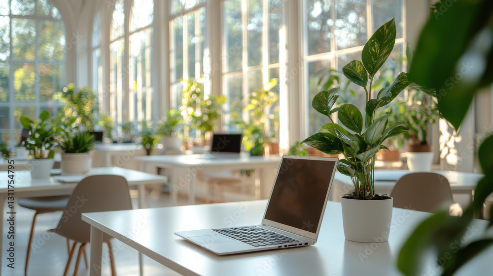 bright and airy startup workspace featuring plants and laptop bright and airy startup workspace featuring plants and laptop