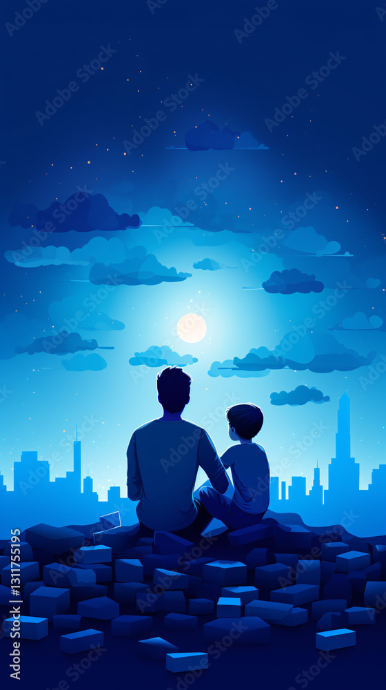 Fototapeta premium A 2D flat silhouette illustration of a cozy living room with a son and daughter.