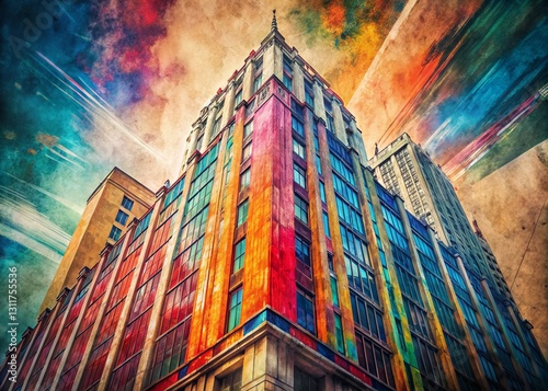 Vintage Colorful Paintbrush Strokes on Modern Skyscraper Facade - Urban Art Stock Photo