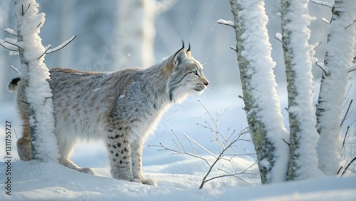 Lynx cub's fur covered in snow and ice showcasing its natural camouflage, winter, wildlife, snow, lynx