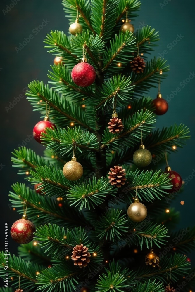 Full lush tree, varied ornaments, natural pine cones, ornament, silver Full lush tree, varied ornaments, natural pine cones, ornament, silver