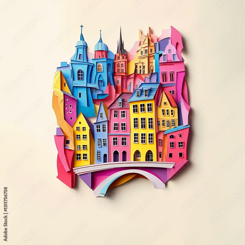 Fototapeta premium Wesel, Germany, paper cut illustration - A paper cut of a city with a bridge
