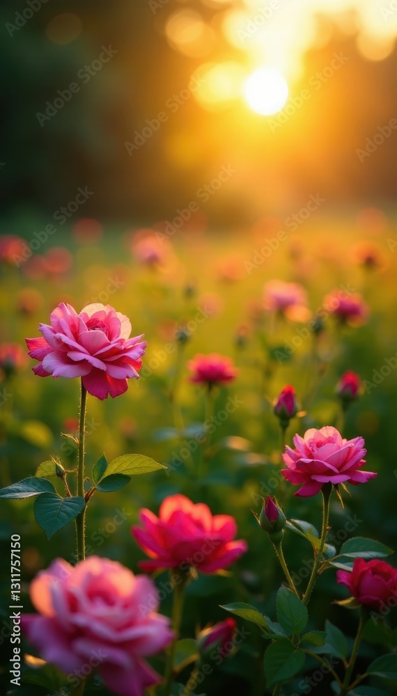 Golden sunrise bathes vibrant wild roses in lush meadow , idyllic, greenery Golden sunrise bathes vibrant wild roses in lush meadow , idyllic, greenery