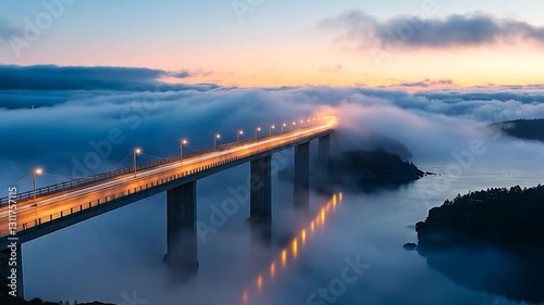 Wallpaper Mural Majestic bridge illuminated at dusk, surrounded by fog and water, creating a serene landscape Torontodigital.ca