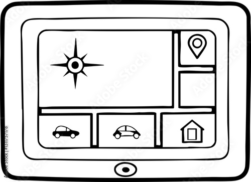 A simple illustration of a navigation interface displaying cars, a house, and a location marker, indicating a focus on travel and orientation.