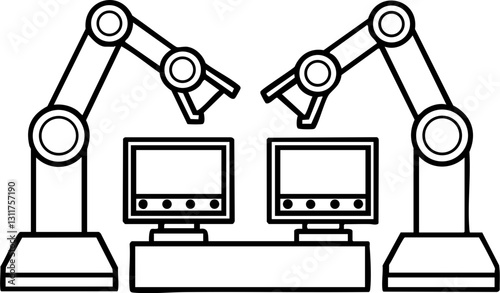 Two robotic arms positioned near two monitors, indicating an industrial or technological environment focused on automation.