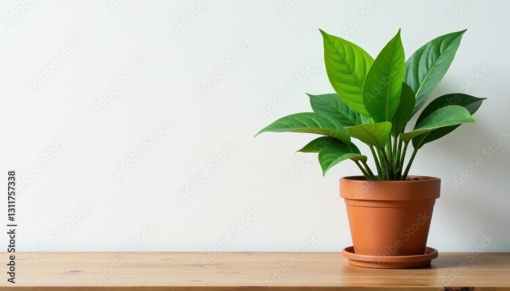 Fototapeta premium Green plant in terracotta pot on wooden table against white wall, stock photo, bright, wood