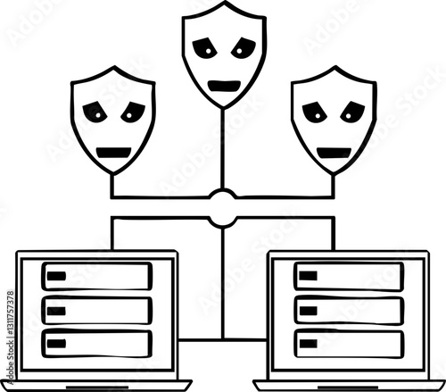 A minimalistic illustration depicting network security with shields and computers, emphasizing protection against online threats.