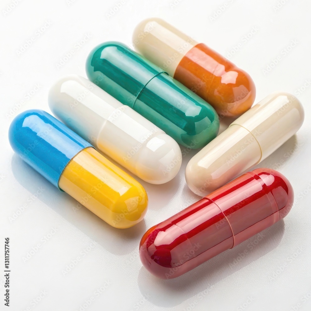 Colorful capsules arranged on a reflective surface. Colorful capsules arranged on a reflective surface.