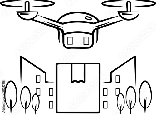 A simple illustration of a drone delivering a package over a cityscape with trees, symbolizing modern delivery services.