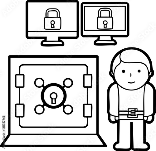A cartoonish illustration featuring a person next to a locked safe and two computers, symbolizing security and data protection.