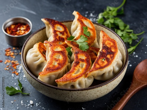 Delicious golden-brown pan-fried dumplings served with fresh herbs and spices. photo