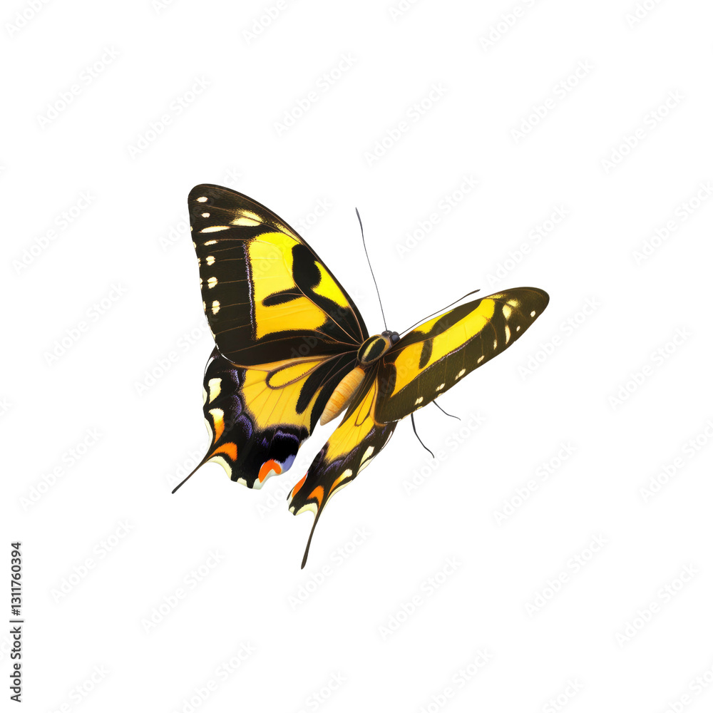 Fototapeta premium Yellow and Black Butterfly in Flight, Isolated on White Background